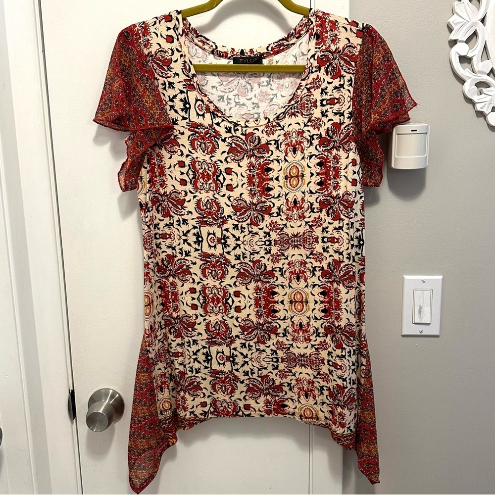 Fylo Tunic Top Shark Bite Asymmetric Hem Flutter Sleeve Paisley Hippie Boho S